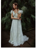 Tiered Short Sleeves Ivory Eyelash Lace Romantic Wedding Dress